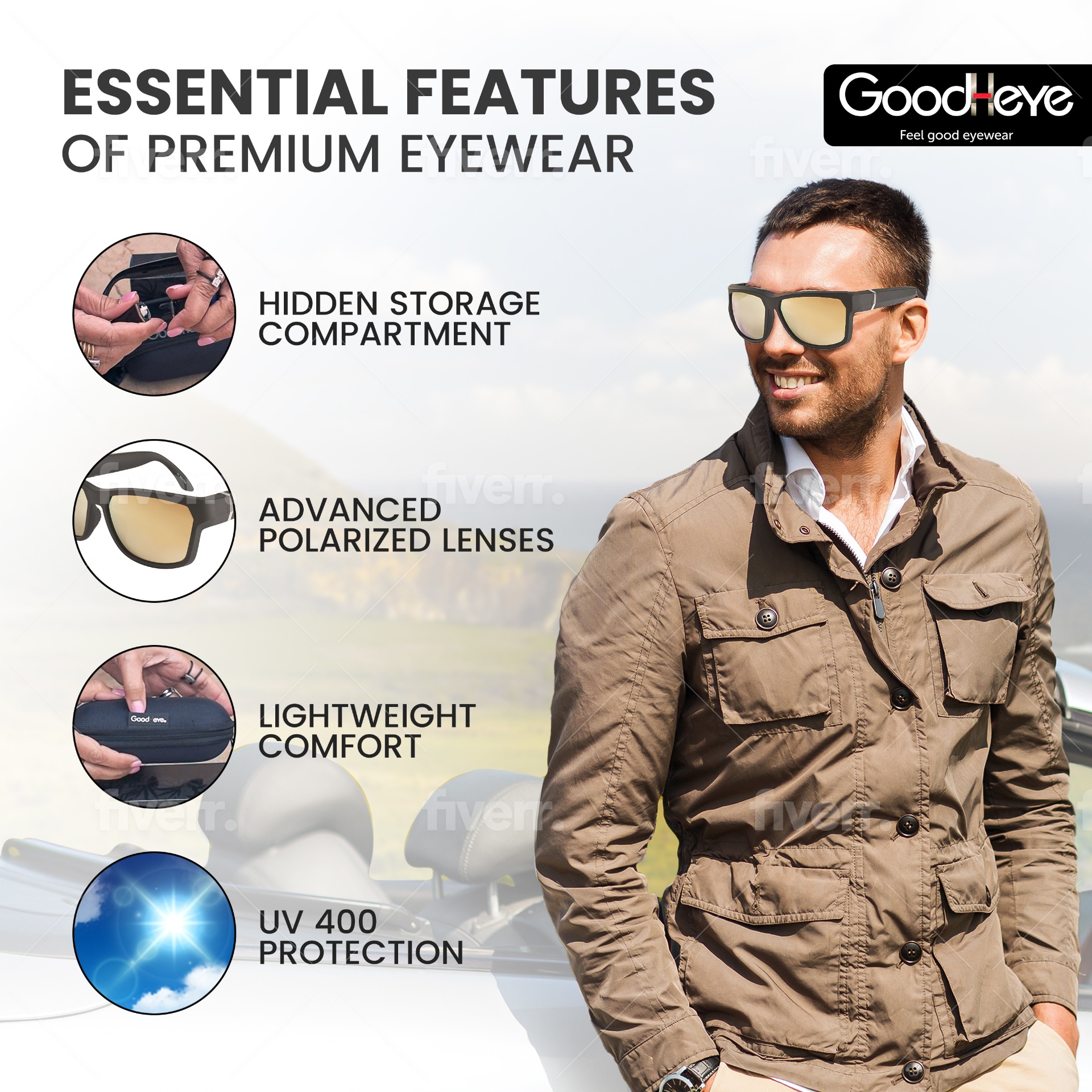 GoodHeye essential features — hidden storage, polarized lenses, lightweight comfort, UV 400 protection
